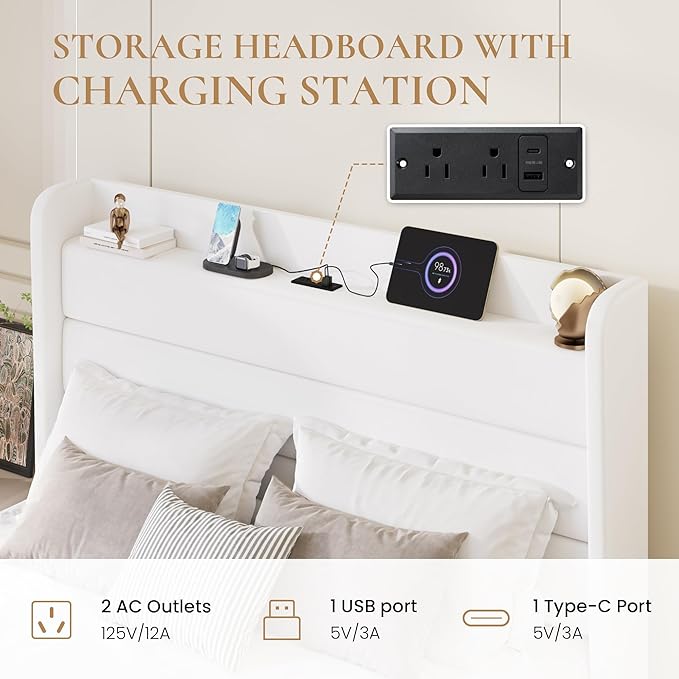 SHA CERLIN Full Size Bed Frame with Charging Station, Velvet Upholstered Platform Bed, Wingback Storage Headboard, Type-C & USB Ports, Strong Wooden Slats, No Box Spring Needed, Easy Assembly, White