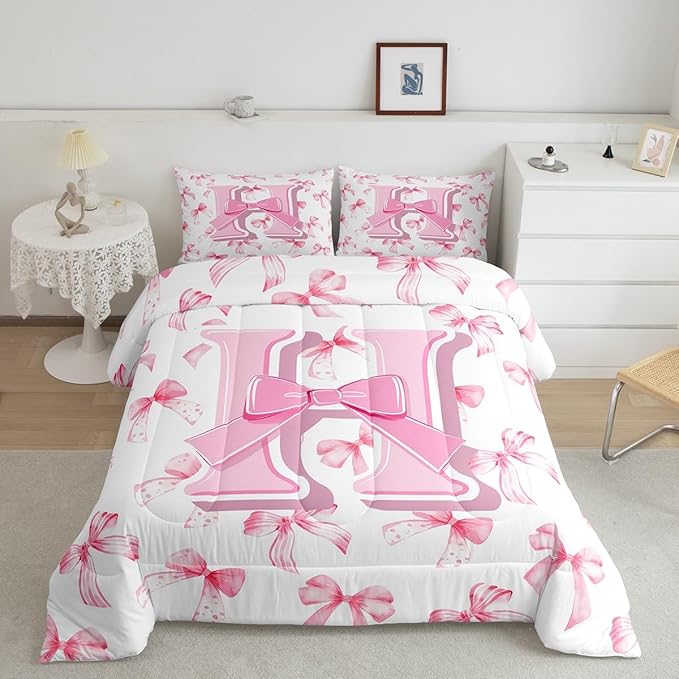 jejeloiu Kids Girls Cute Pink Bow Comforter Set Twin Size Monogrammed Bedding Set Ultra Soft Personalized Initial H Duvet Quilt Coquette Bow Knot Quilt Set Room Decor Modern Fashion Comforter