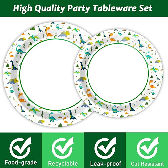 Wiooffen 96 Pc Dinosaur Party Plates, Napkins, Watercolor Birthday Tableware Supplies Set - Cartoon Dinosaur Disposable Dinnerware Decoration for 24 Guests