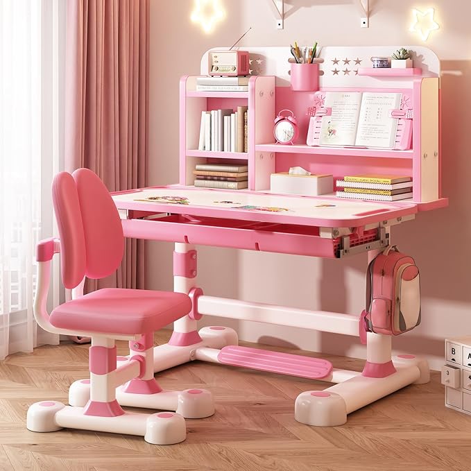 2025 Upgraded Kids Desk and Chair Set, 50 Degree Tiltable&Height Adjustable Kids Desk with Storage Drawers and Bookshelf, Ergonomic Study Table for Kid (Pink-New Type)