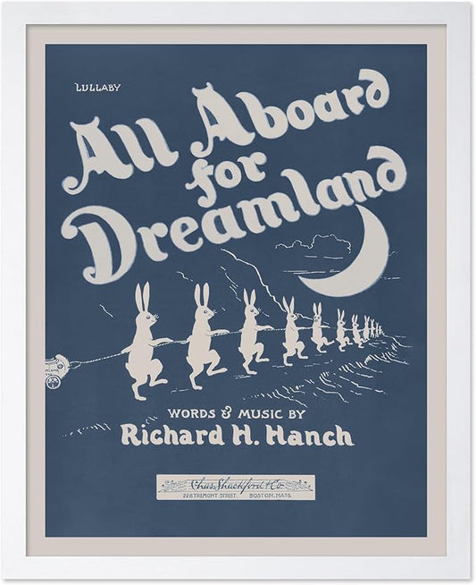 Poster Master All Aboard For Dreamland Poster - Retro Children's Lullaby Print - Story Book Art - Bunny Art - Rabbit Art - Aesthetic Art - Kid's Bedroom or Nursery Wall Decor, 8x10 White Framed