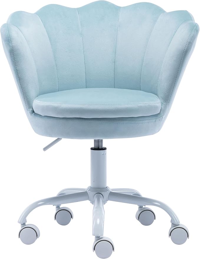 Velvet Kids Desk Chair Cute Computer Chair Modern Upholstered Swivel Arm Chair Adjustable Rolling Vanity Chair for Bedroom Living Room Girls (Blue)