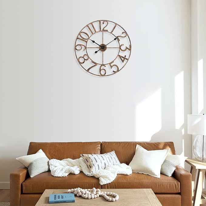 Large Wall Clocks for Living Room Decor, Silent Analog Battery Operated Wall Clock, 24 Inch Bronze Rustic Farmhouse Metal Wall Clock for Indoor, Outdoor
