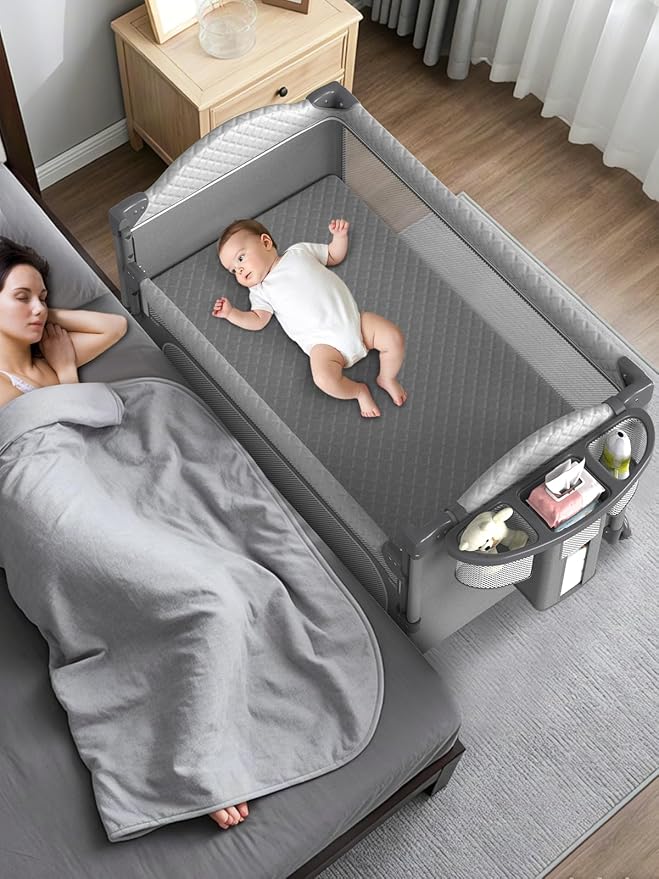 Baby Bassinet, Pack and Play, 4-height Adjustable Bedside Crib Sleeper, Diaper Changing Table with Diaper Pads, Zipper Door, Mosquito Net, Bottom Storage, and Toy Shelf for Newborn to Toddler, Grey