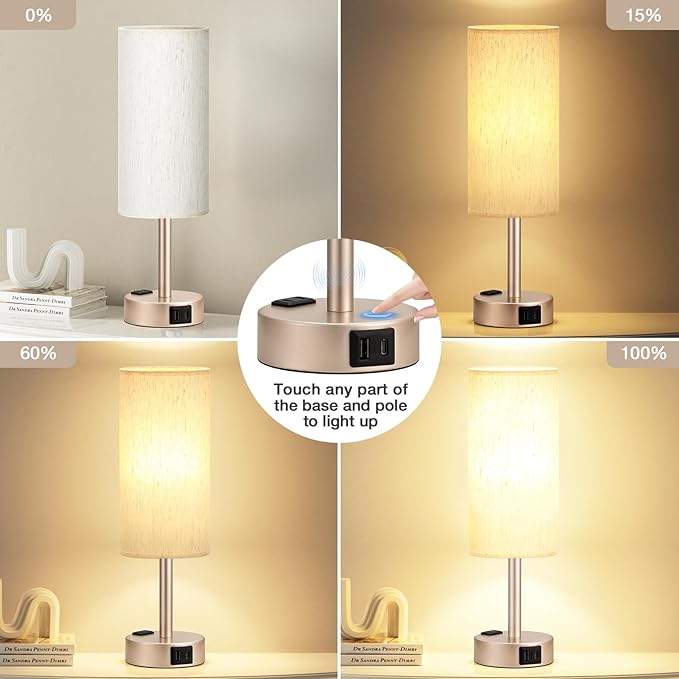 Bedside Table Lamp for Bedroom - 3 Way Dimmable Touch Lamp USB C Charging Ports and AC Outlet, Small Lamp Gold Base Round Flaxen Fabric Shade for Living Room, Desk, LED Bulb Included