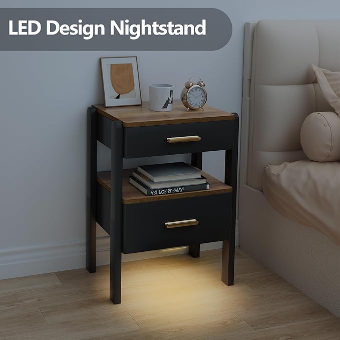 Nightstand with 2 Drawers and Open Shelf Wood Bedside Table Gold Handles Storage Night Stand with Light for Bedroom, Black and Brown