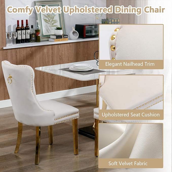 Goujxcy 3 Piece Round Glass Dining Table Set for 2, 36" Round Dining Table & Chair Set Modern Circle Glass Kitchen Table and 2 Velvet Upholstered Chairs for Kitchen Dining (Gold Table & Beige Chair)