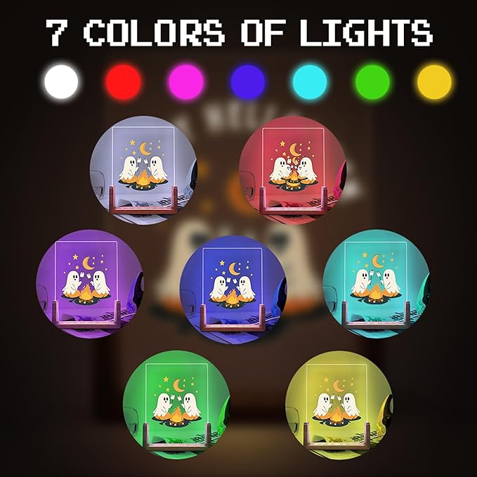 Custom Ghost Campfire Night Light 6.4" | 7-Color LED, Personalized Text | Spooky Ghost Cute Halloween Décor Night Lights Gifts for Kids Family and Friends