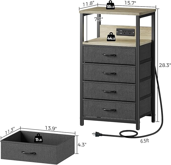 Seventable Night Stand with Charging Station, Tall Nightstand with 4 Fabric Storage Drawers, Side Table with LED Light for Bedroom, Entryway, Greige