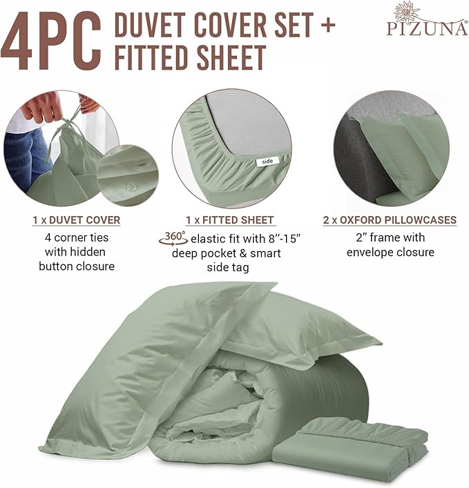 Pizuna 100% Cotton Queen 3 Pc Duvet Cover + 1 Pc Fitted Sheet Set 400 Thread Count Sea Foam Sateen Weave Luxurious Long Staple Cotton 4 Piece Bedding Set - 1 Duvet Cover,2 Pillow Shams,1 Fitted Sheet