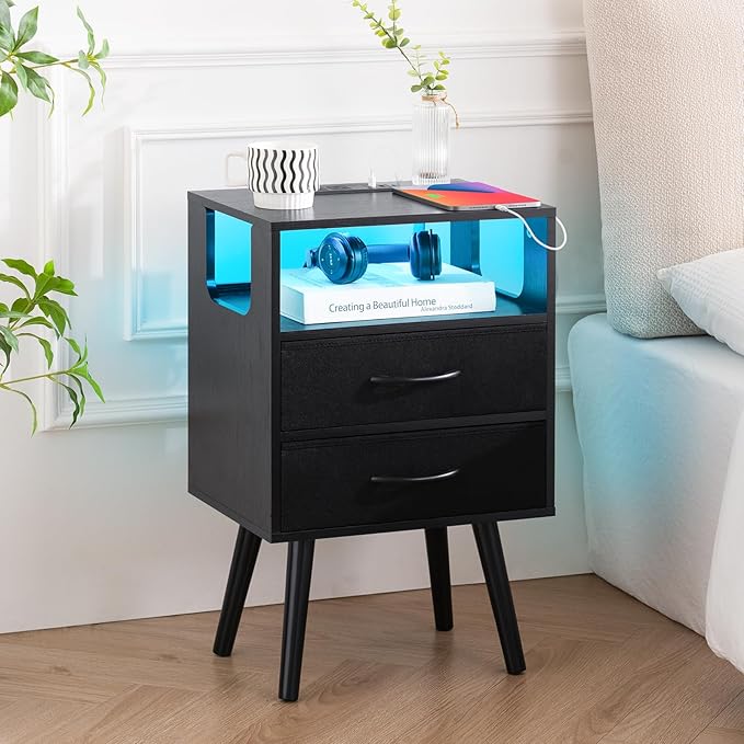 Yoobure LED Night Stand with Charger Station, Mid Century Modern Nightstand with Fabric Drawers, Bedside Table Nightstands with Storage Shelf, Bed Side Table Small Night Stands for Bedroom Living Room