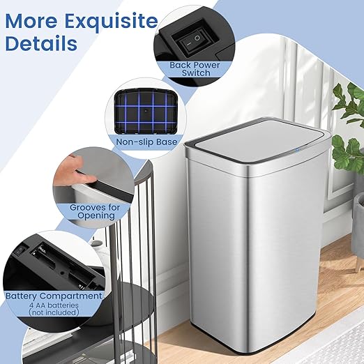 S AFSTAR Automatic Trash Can, 13 Gallons Stainless Steel Garbage Can Trash Bin with Quick & Soft Close Lid, Deodorizer Compartment, Touchless Motion Sensor Trash Can for Kitchen Bathroom Office