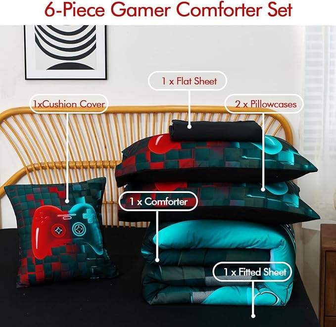 PERFEMET 6 Pcs Gaming Comforter Sets for Teen Boys Red and Teal Game Kids Bed in A Bag with Sheet Set 3D Cool Soft Lightweight Video Game Bed Set(Red Teal, Queen)