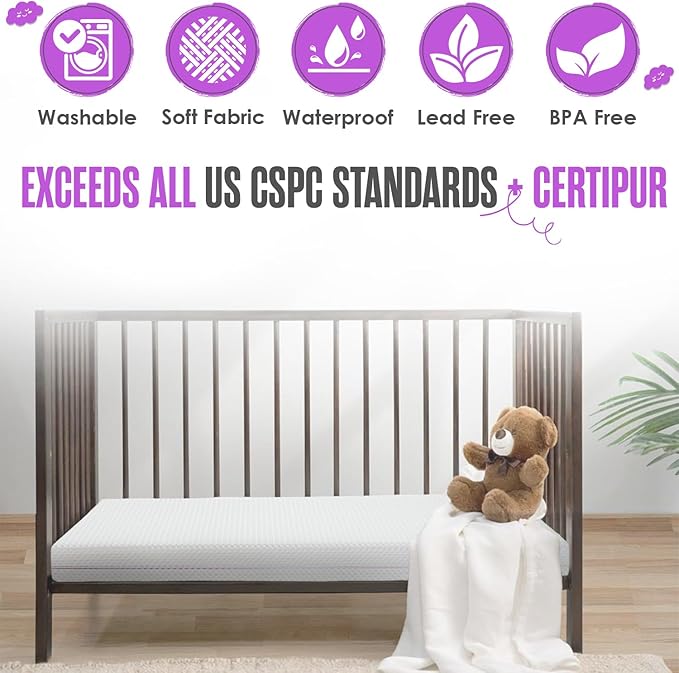 Sleepah 5.5” Crib & Toddler Bed Mattress Dual Sided Cooling Memory Foam – Waterproof Washable Breathable Soft Cotton Fabric – CertiPUR Firm Baby Mattresses - for Baby & Toddlers (Pink)
