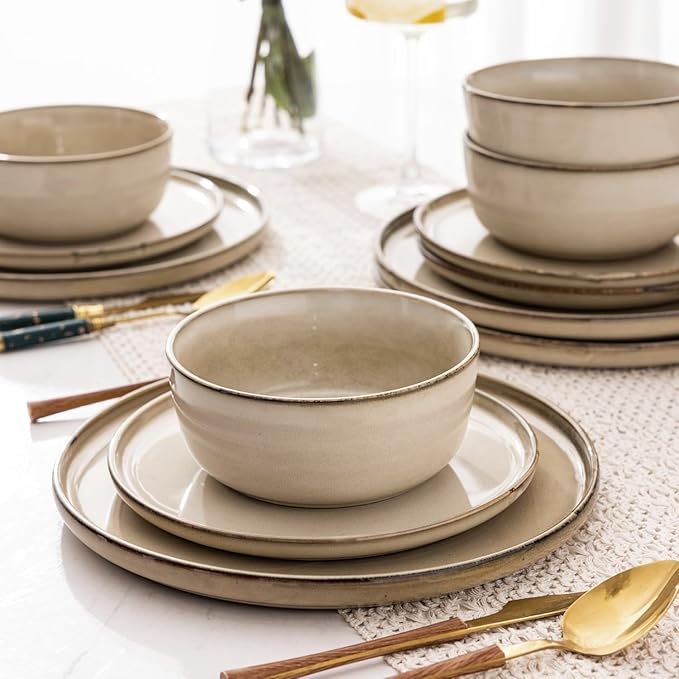 AmorArc Stoneware Dinnerware Sets,Round Reactive Glaze Plates and Bowls Set,Highly Scratch Resistant | Dishwasher & Microwave Safe Dishes Set,Service for 4 (12pc)