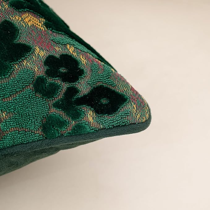 Alerfa Boho Green Floral Throw Pillow Cover 18x18 Inch Cut Velvet Sqaure Luxury Embroidered Decorative Pillow Cover for Couch Living Room Bedroom