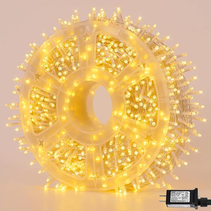 QITONG 165ft 500 LED Warm White String Lights Outdoor Waterproof, Clear Wire Christmas Light Plug-in, 8 Modes Christmas Tree Light Indoor