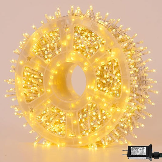 QITONG 165ft 500 LED Warm White String Lights Outdoor Waterproof, Clear Wire Christmas Light Plug-in, 8 Modes Christmas Tree Light Indoor