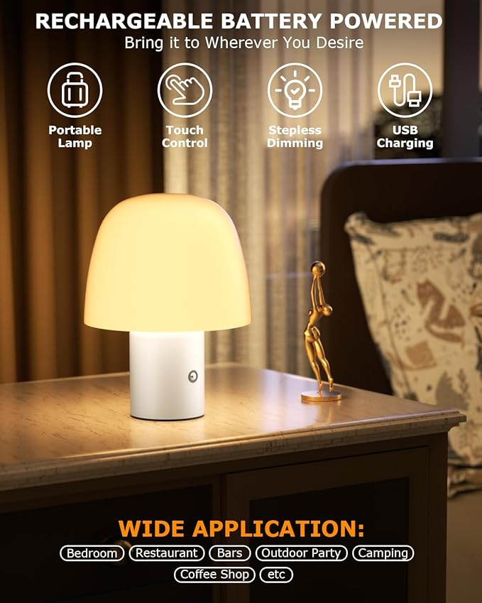 Portable LED Table Lamp, Cordless Desk Lamp Rechargeable, 3-Color Touch Stepless Dimming Night Light for Bedroom/Children's Room/Terrace/Dining Room/Cafe (White)