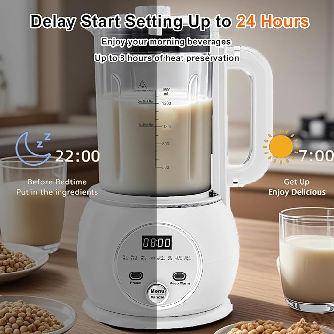 51oz Automatic Nut Milk Maker,10 in 1 Soy Milk Maker Machine 20 Blades,Baby Food Maker,Plant Based Milks Homemade Oat,Juice,Almond Milk Machine with Delay Start 24H,Boil Water,Keep Warm 8H&Auto Clean