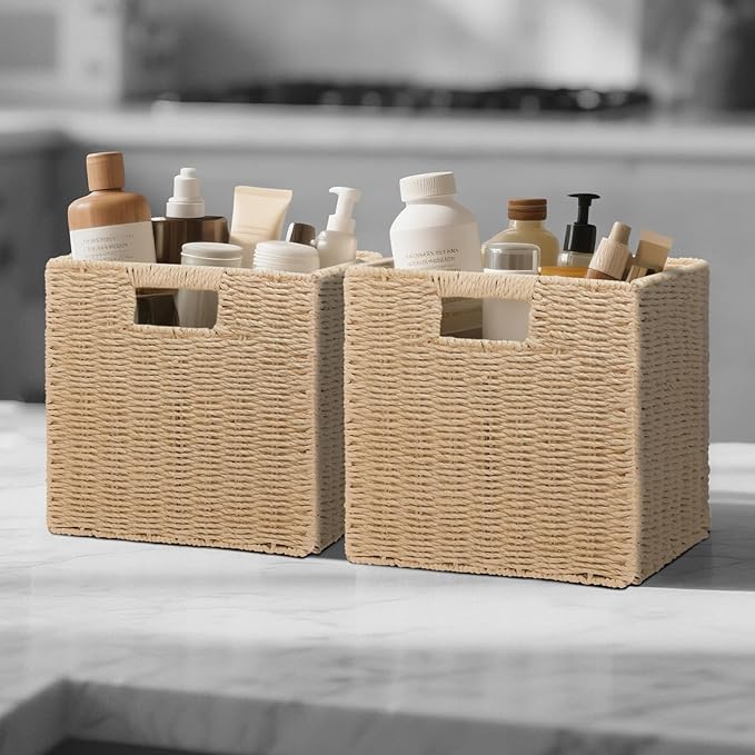 Wicker Storage Baskets for Organizing, 3 Pack Rustic Foldable Square Basket for Shelves, Handwoven Cubby Organizer Bins for Home Decor, Small Cube Storage Bin for Closet Organization (Natural 11 inch)