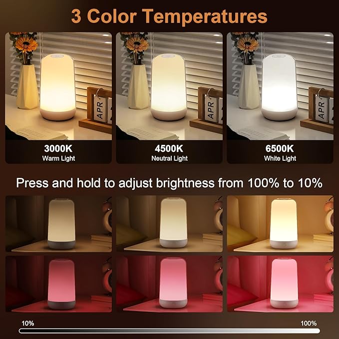 FRIDEKO HOME RGB Touch Bedside Lamp for Nightstand, 3 Color Temperatures Portable Rechargeable Cordless Night Light, Dimmable Mood Lighting for Bedroom, Living Room, Nursery, Breastfeeding, Kid, Adult
