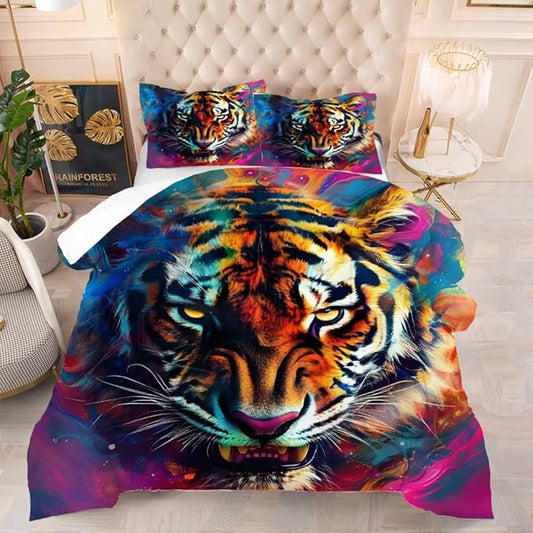 Tiger Print Bedding Set Queen for Kids Boys Tie Dye 3D Animal Print Bedding Comforter Cover Wildlife Tiger Theme Bedding Set Microfiber 3 Pcs with 1 Comforter and 2 Pillowcases