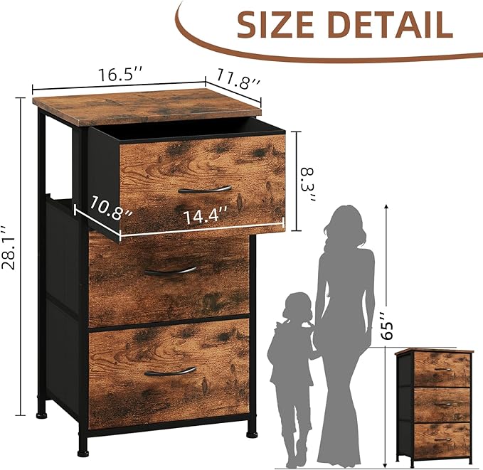Somdot Small Dresser for Bedroom with 3 Drawers, Nightstand Storage Chest of Drawers with Removable Fabric Bins for Closet Bedside Living Room Laundry Entryway Hallway, Wood Grain Print