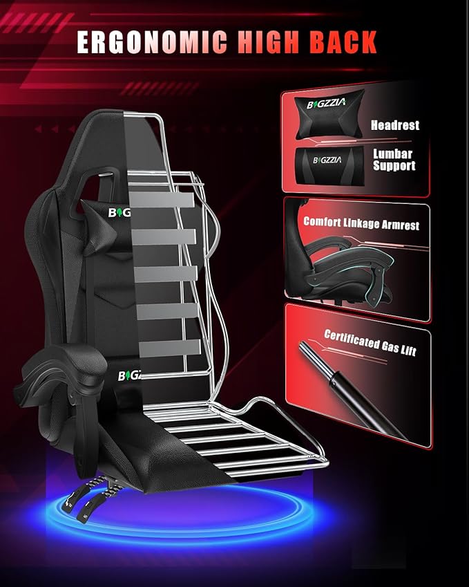 Bigzzia Gaming Chair with RGB LED Lights, High Back Ergonomic Computer Gamer Chair with Headrest and Lumbar Support, Racing Style Reclining Game Chair for Adults, Kids (Black)
