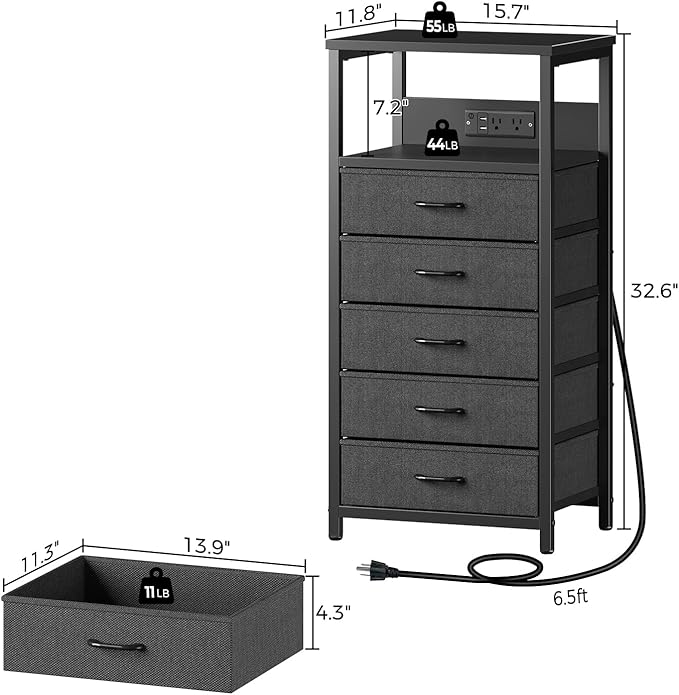 Seventable Night Stand with Charging Station, Tall Nightstand with 5 Fabric Storage Drawers, Side Table with LED Light for Bedroom, Entryway, Black