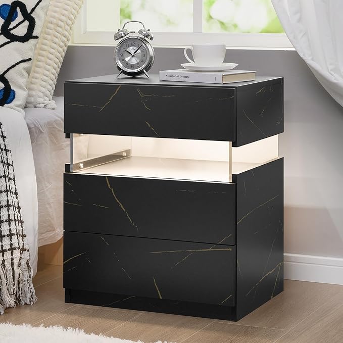 Bingoday LED Nightstand with 3 Drawers Nightstand with LED Lights LED Bedside Tables Modern Night Stand for Bedroom Living Room