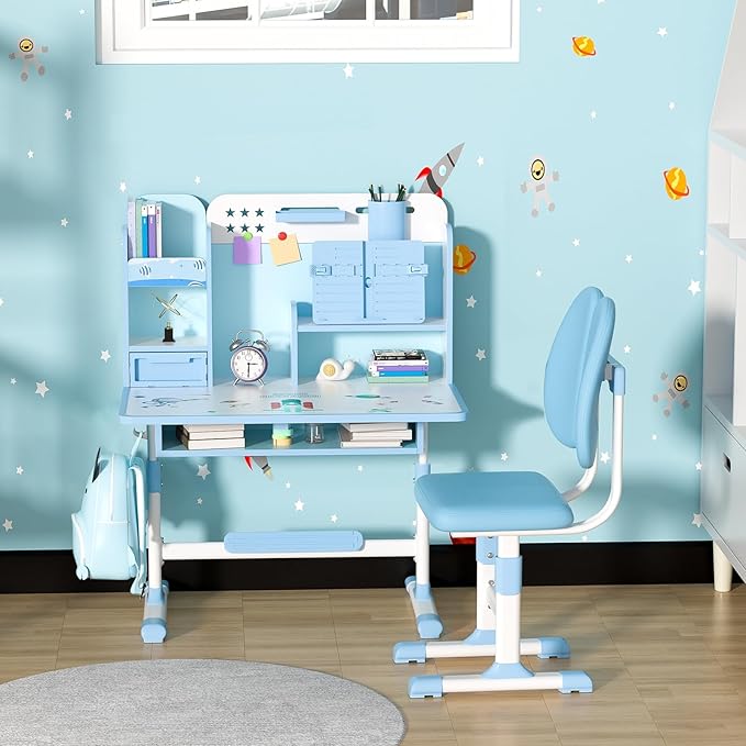 Kids Desk and Chair Set, Height Adjustable Kids Study Table and Chair Set, Children School Desk with Storage Drawer and Book Stand, Ergonomic Child Toddler Deskwith Sitting Posture Corrector (Blue 5)
