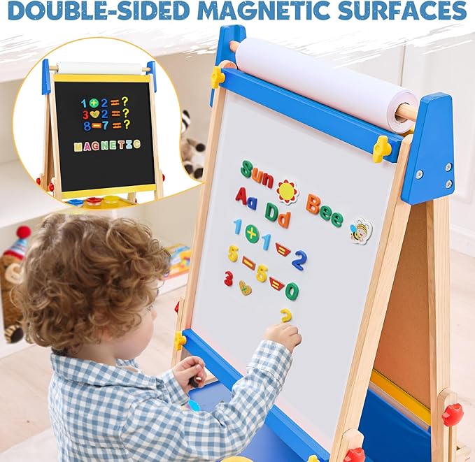 Art Easel for Toddlers Kids, Adjustable Standing Art Easel with Magnetic Chalkboard & Whiteboard, Dry-Erase Board, Paper Roll, Drawing & Painting Easel for Kids Ages 3 4-8 9-12, Blue w/Bag