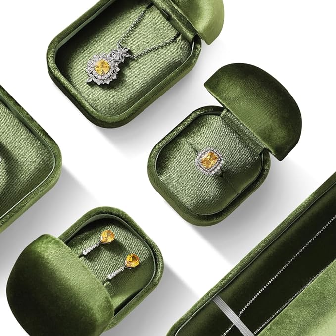 Resilient Velvet Ring Earrings Bracelet Necklace Display Box, Travel Mini Jewelry Organizer Case (Green, Long Chain Box)