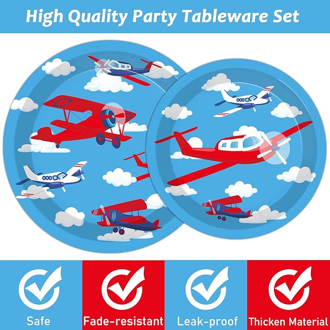 96 Pcs Airplane Party Plates Napkins Tableware Set Plane Birthday Party Supplies Disposable Paper Cake Dinnerware Blue Sky Two Fly Theme Table Decoration for Baby Shower Kids Birthday, 24 Guests