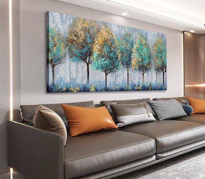NINEASO Abstract Forest Canvas Wall Art - Teal Yellow Trees Pictures Grey Blue Earthy Wall Decor Modern Botanical Painting Print Artwork for Living Room Bedroom Home Office Decor 29" x 58"