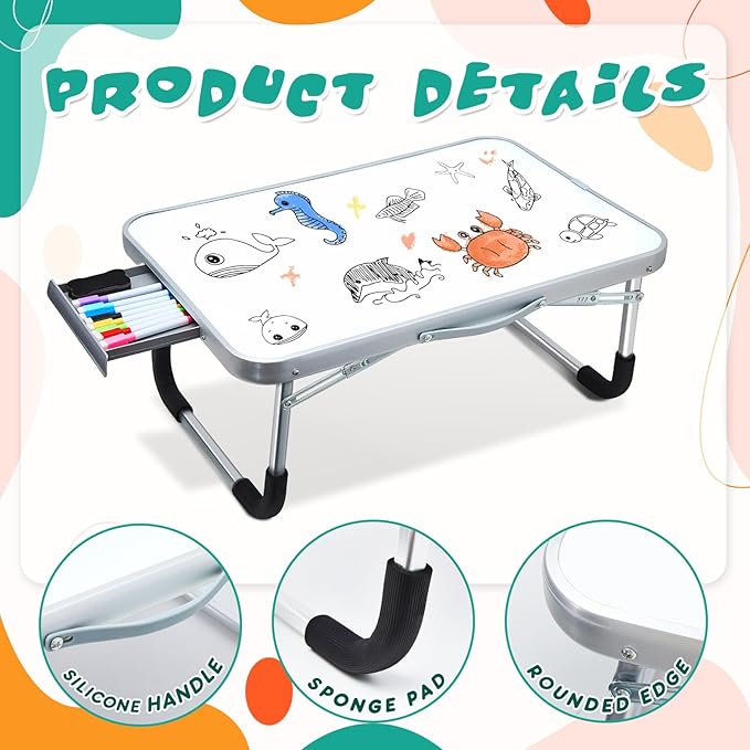 Suzile 2 Pcs Kids Lap Desk with Dry Erase Board, 24" x 16" Foldable Study Tray with Drawer, Markers & Eraser, Portable Desk for Art, Homework, First Day & Back to School Supplies