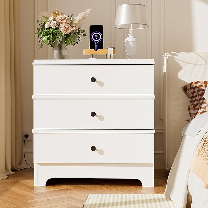 LegacyAmerhomeFarmhouse Nightstand with 3 Drawers, 24" Wide End Table & Modern Bedside Table with Charging Station, Solid Wood Nightstands Storage Cabinet for Bedroom Hallway, Entryway, White