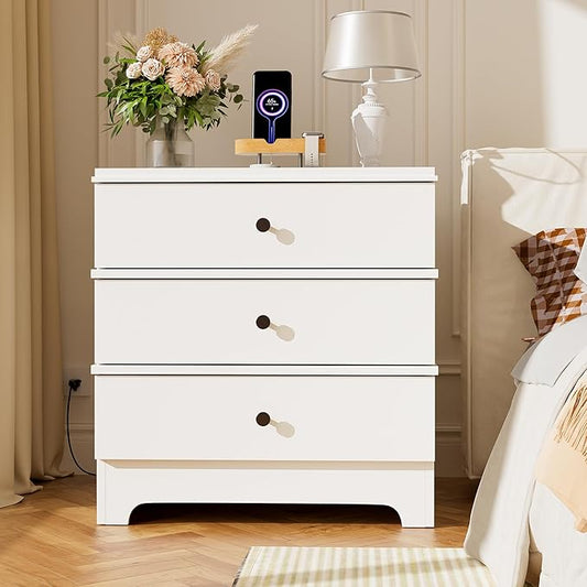 LegacyAmerhomeFarmhouse Nightstand with 3 Drawers, 24" Wide End Table & Modern Bedside Table with Charging Station, Solid Wood Nightstands Storage Cabinet for Bedroom Hallway, Entryway, White