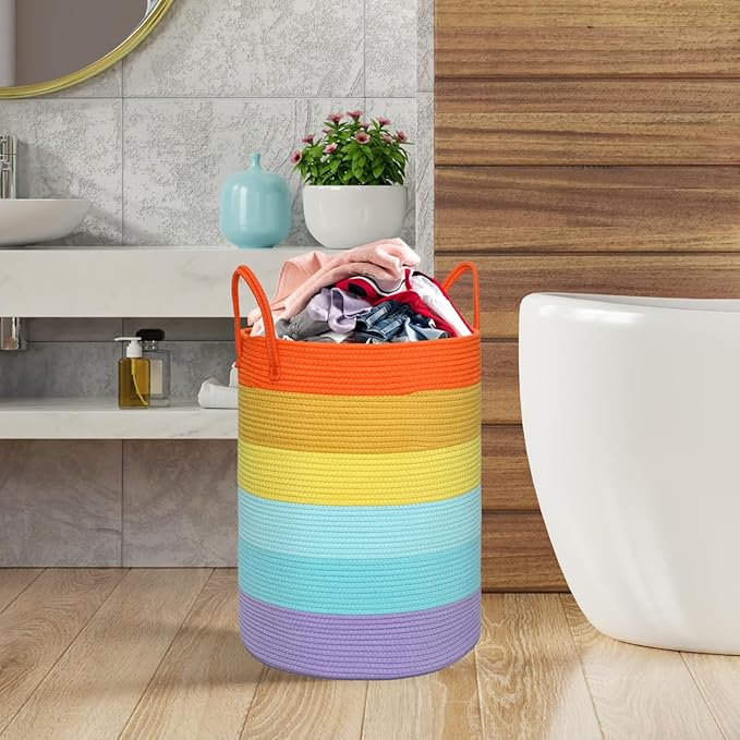 58L Large Dirty Clothes Hamper, Cotton Rope Laundry Hamper with Handles, Woven Foldable Laundry Hamper for Dirty Clothes, Blankets, Pillows in Bathroom, Living Room (Rainbow, 15 x 20in)