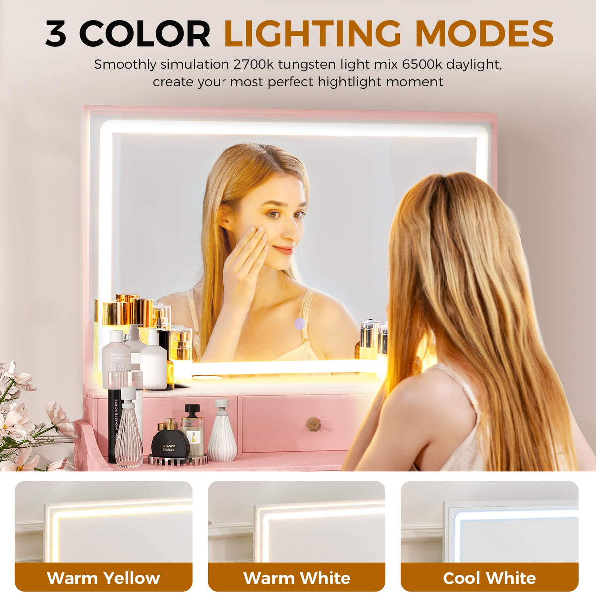 COMHOMA Vanity Desk with LED Lights Mirror & Power Outlet, Small Makeup Vanity Table Set with 5 Storage Drawers, 3 Lighting Modes & Adjustable Brightness, Dressing Table for Women Girls Bedroom, Pink