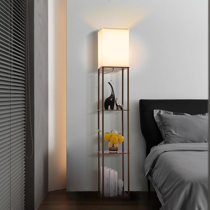 Floor Lamp with Shelves, with Modern Square Standing Lamp with Smart APP Control RGB Bulb, Corner Display Bookshelf Lamp for Living Room, Bedroom and Office(brown-9RGB)