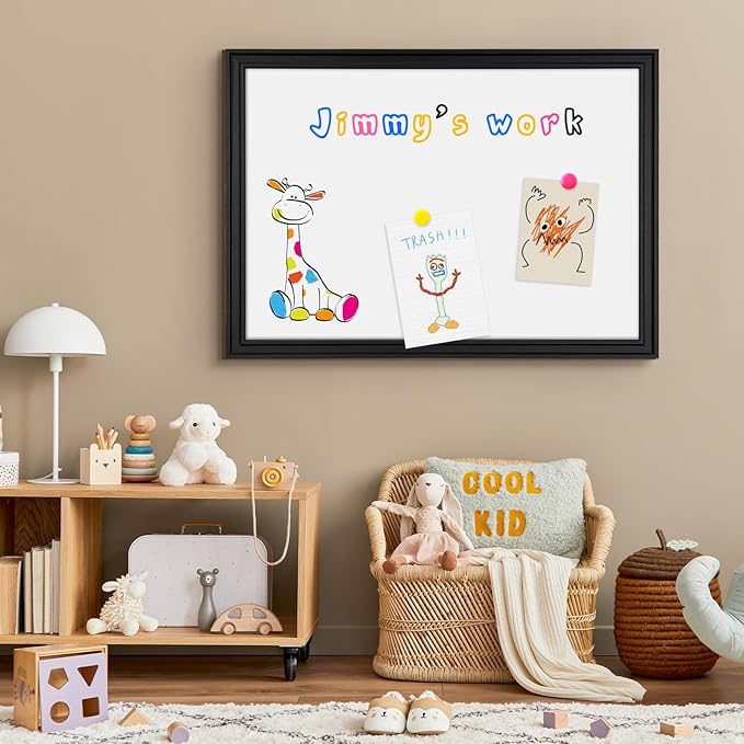 4 THOUGHT Dry Erase Board, 18 x 24 in Magnetic Whiteboard Black Vintage Wood Frame Wall-Mounted White Board Decorative Notice Board for School, Office, Home, Kitchen with 6 Magnets 4 Markers 1 Eraser
