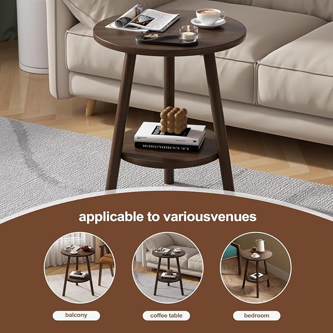 OERGKE Round End Table, Small Side Tables with Lower Shelf, Coffee Table, Bedside Table, Mid Century Modern Nightstand for Living Room, Bedroom, Corners and Office (Walnut)