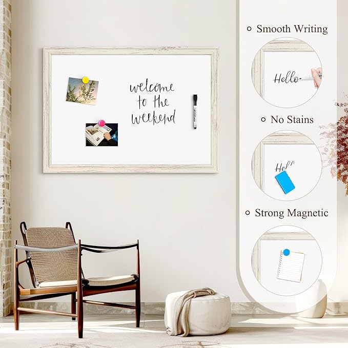 4 THOUGHT Dry Erase Board, 18 x 24 in Magnetic Whiteboard White Vintage Wood Frame Wall-Mounted White Board Decorative Notice Board for School, Office, Home, 6 Magnets 4 Markers 1 Eraser
