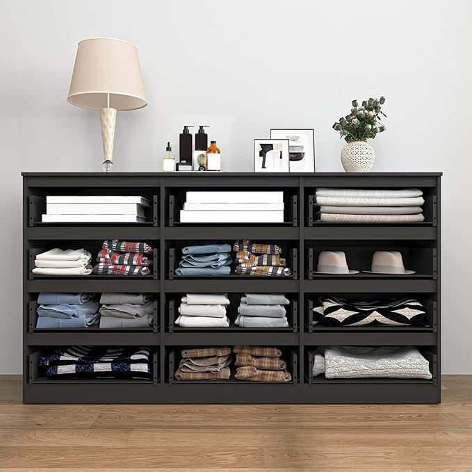 Black Dresser for Bedroom,Modern Long 12 Drawer Dresser with Deep Drawer,Wood Storage Chest of Drawer, Bedroom Storage Organizer,TV Stand for Living Room