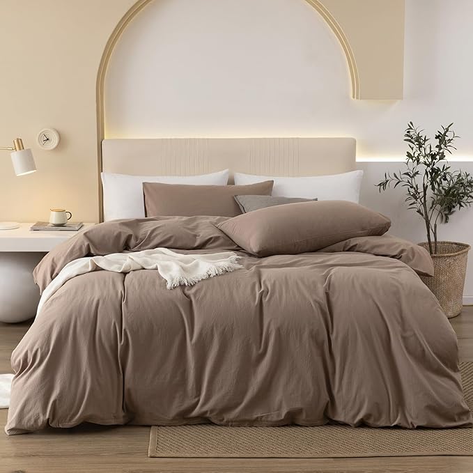 JIYUAN 100% Washed Cotton Duvet Cover Set 3 Pieces Cal King, 1 Duvet Cover 104x98 Inches(Comforter Not Included) and 2 Pillowcases,Linen Feel Bedding Set Comfy and Breathable,Light Brown