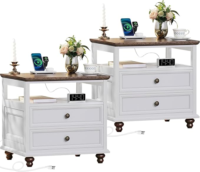 Farmhouse Nightstand Set of 2 with Charging Station, 24" Wide End Table with 2 Drawers,Dresser for Bedroom,Bed Side Table Chest of Drawers Cabinet,Wood White Night Stand for Living Room