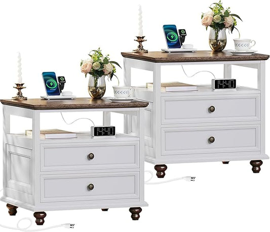 Farmhouse Nightstand Set of 2 with Charging Station, 24" Wide End Table with 2 Drawers,Dresser for Bedroom,Bed Side Table Chest of Drawers Cabinet,Wood White Night Stand for Living Room
