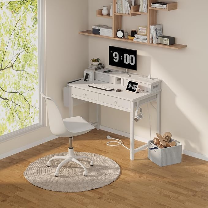 Lufeiya Small White Kids Desk with Fabric Drawers for Bedroom, 32 inch Vanity Makeup Desk with Drawers Storage for Home Office, Writing Study Table with Power Outlet & Monitor Stand, White